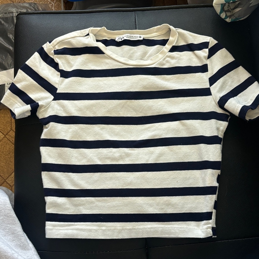 Zara Navy Striped Cropped T-Shirt